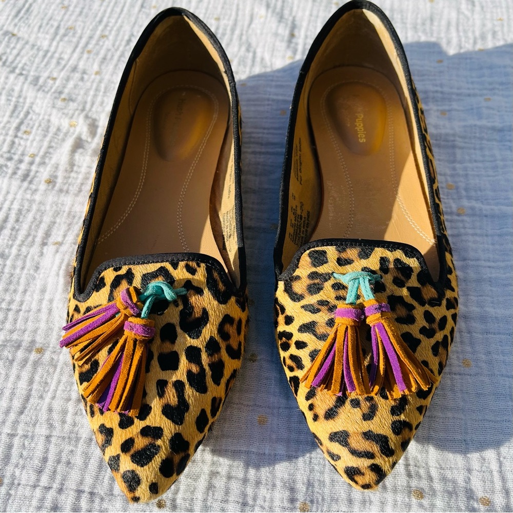 NWOT Hush Puppies Sadie flats, leather w/animal print and tassels, 8.5 size
